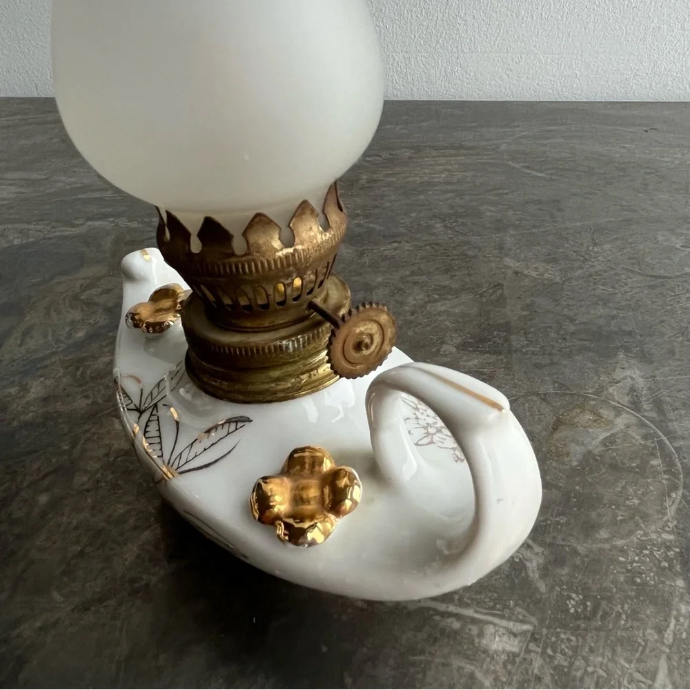 Antique Miniature ‘Aladdin’ Style Oil Finger Lamp with gold leaf design